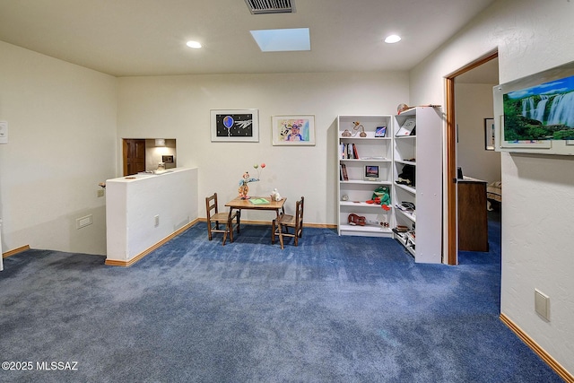 interior space featuring dark colored carpet