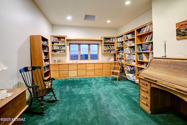 home office with dark colored carpet