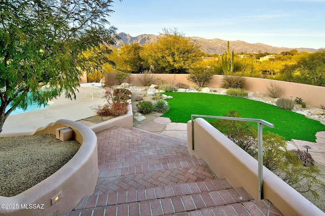 view of patio featuring a mountain view