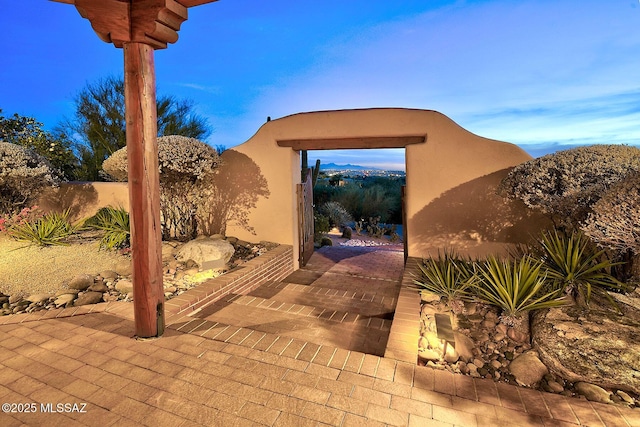 view of patio featuring a mountain view