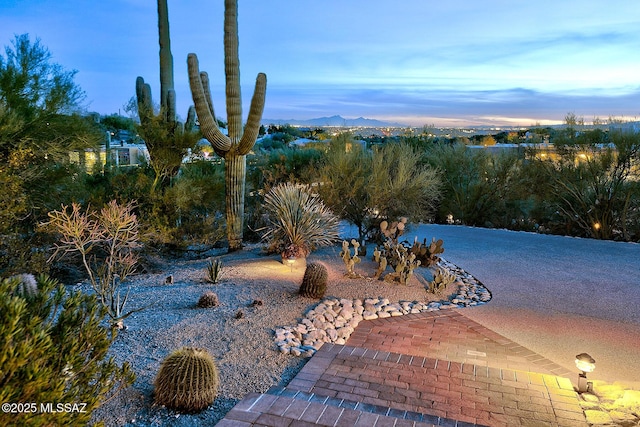 yard at dusk featuring a mountain view