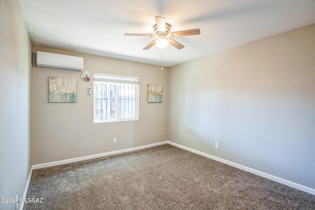 carpeted empty room with an AC wall unit and ceiling fan