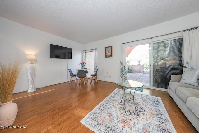 living room with hardwood / wood-style floors and a textured ceiling