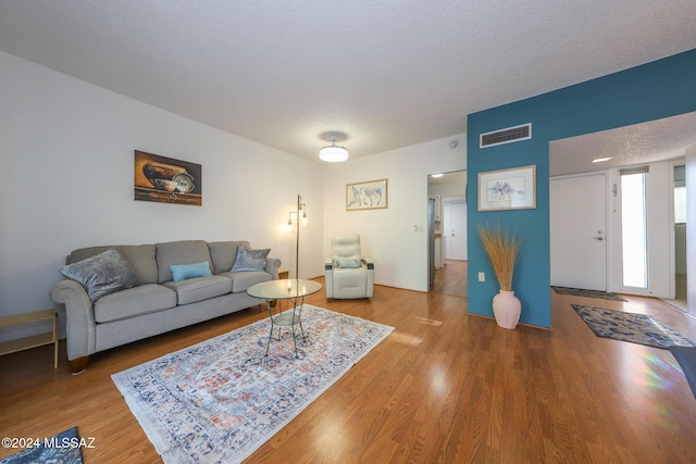 living room featuring hardwood / wood-style flooring and a textured ceiling