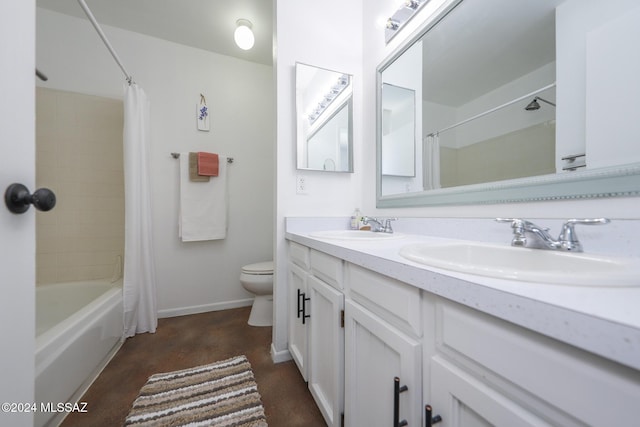 full bathroom with shower / bathtub combination with curtain, vanity, and toilet