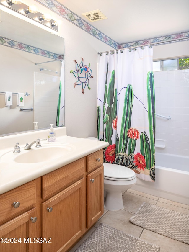 full bathroom with toilet, shower / bath combo, vanity, and tile patterned floors