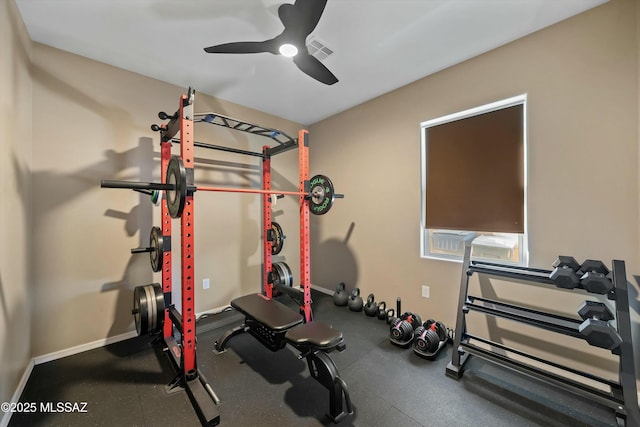 workout area with ceiling fan