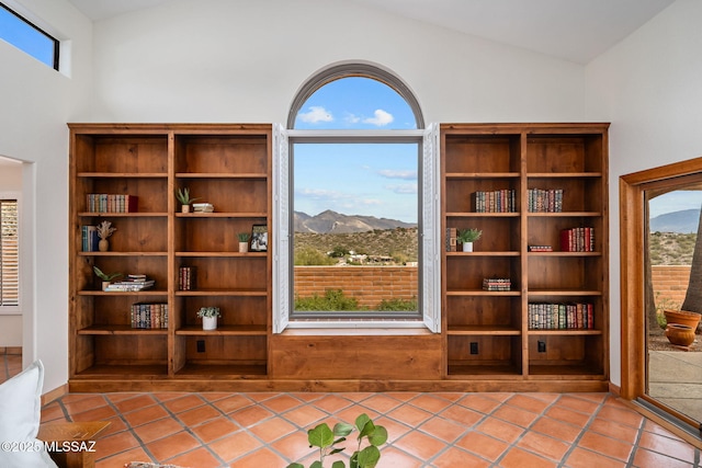 unfurnished room with a mountain view, lofted ceiling, and a wealth of natural light