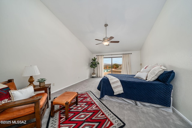 bedroom featuring access to outside, ceiling fan, carpet flooring, and lofted ceiling