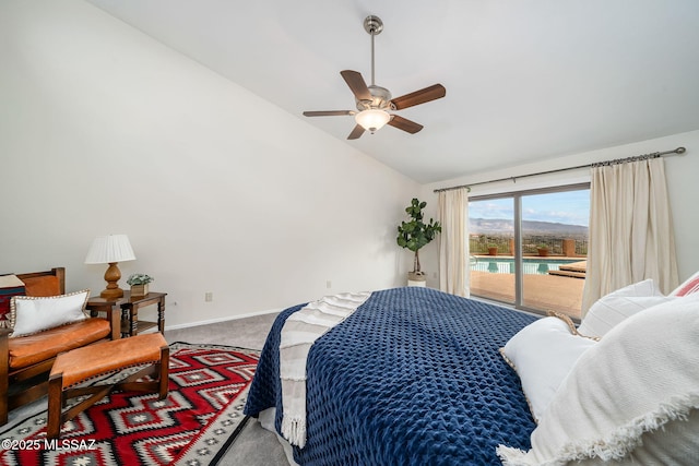 carpeted bedroom with access to outside, ceiling fan, and lofted ceiling