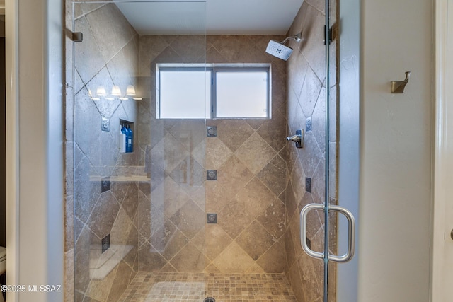 bathroom featuring a shower with door and toilet