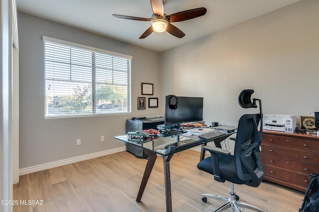 office space with ceiling fan and light wood-type flooring