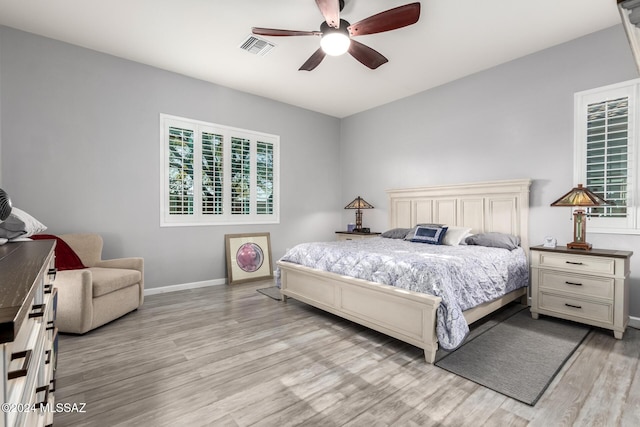 bedroom with ceiling fan and light hardwood / wood-style floors