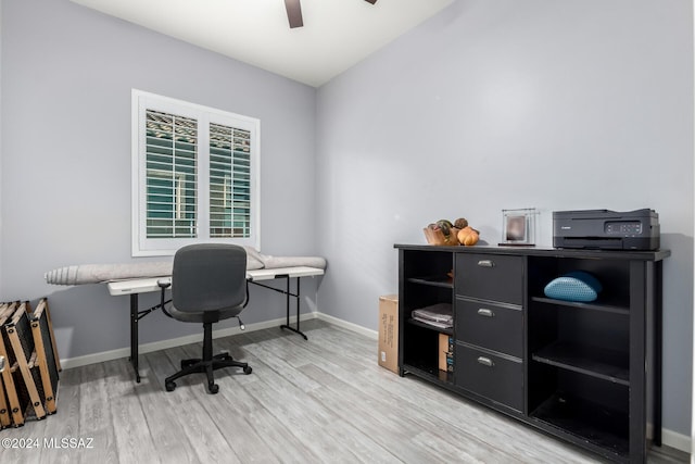 office space with ceiling fan and wood-type flooring