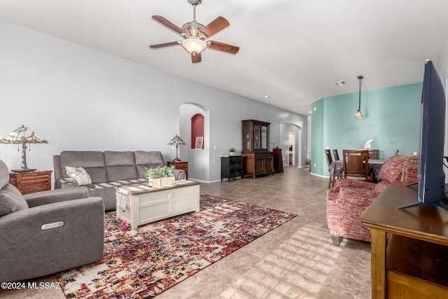 living room featuring ceiling fan