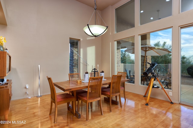 dining space with a healthy amount of sunlight, a high ceiling, and light hardwood / wood-style floors