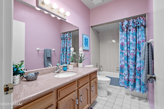 full bathroom with vanity, shower / tub combo, tile patterned flooring, and toilet