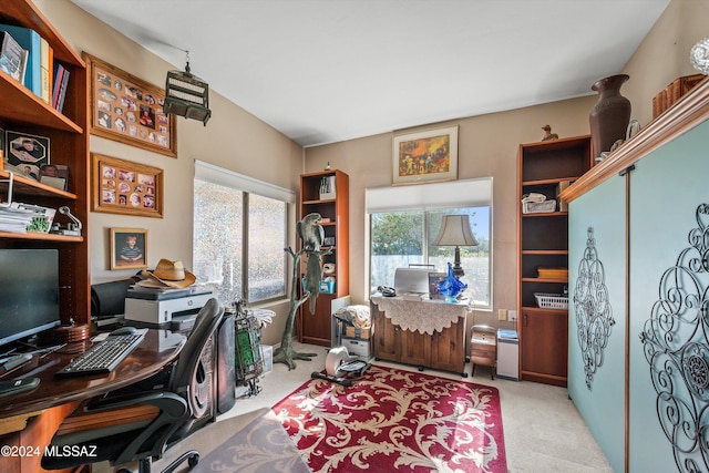 home office featuring light colored carpet