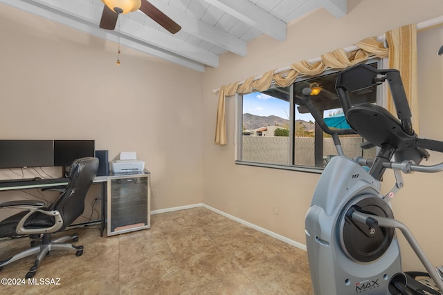 office featuring beam ceiling, ceiling fan, and wood ceiling