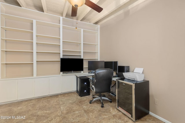 office area featuring beam ceiling and ceiling fan