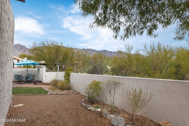 view of yard with a mountain view and a patio area