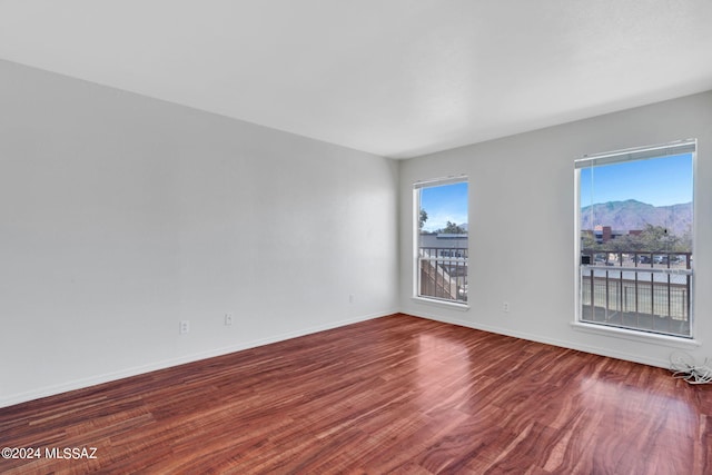 spare room featuring a mountain view, plenty of natural light, and wood-type flooring