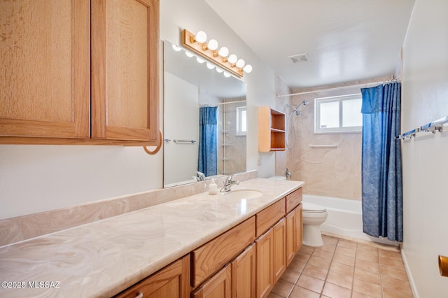 full bathroom with shower / bathtub combination with curtain, vanity, toilet, and tile patterned flooring