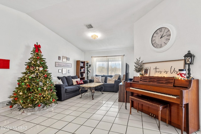 tiled living room with lofted ceiling