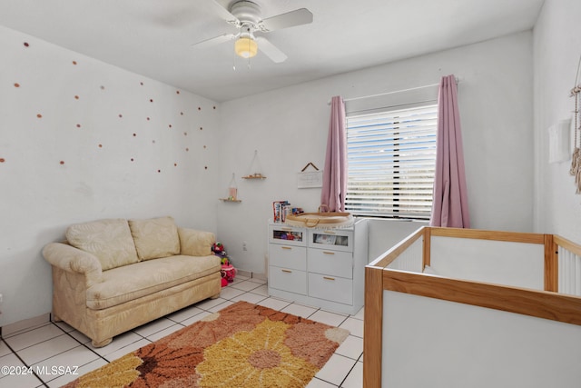 tiled bedroom with ceiling fan