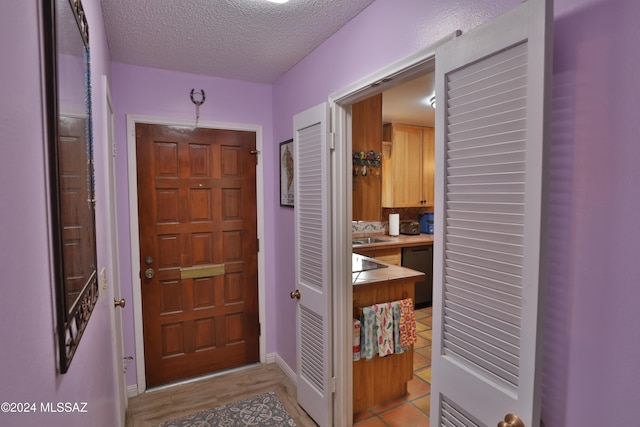 foyer entrance featuring a textured ceiling and sink