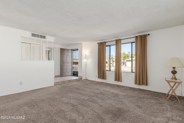 spare room featuring light carpet and a textured ceiling