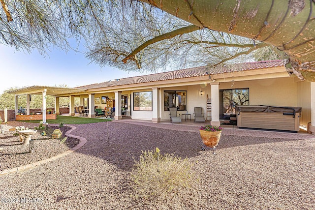 rear view of house featuring a patio and a hot tub