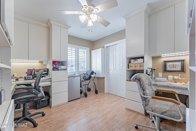 office area featuring ceiling fan and light wood-type flooring