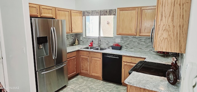 kitchen featuring backsplash, sink, stainless steel fridge with ice dispenser, and black dishwasher