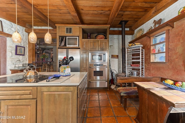 kitchen with a center island, stainless steel appliances, beamed ceiling, decorative light fixtures, and wood ceiling