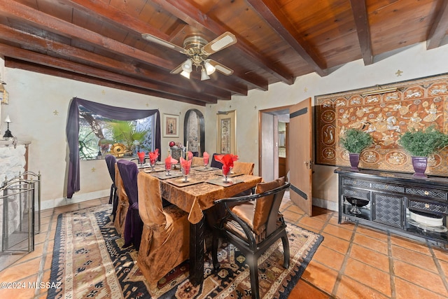 dining room with ceiling fan, beam ceiling, wooden ceiling, and light tile patterned floors