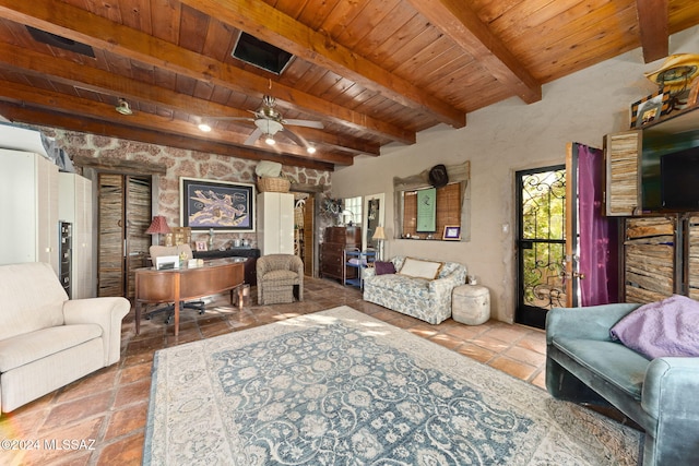 living room featuring beamed ceiling, ceiling fan, and wood ceiling