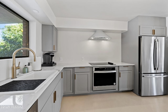 kitchen featuring custom exhaust hood, appliances with stainless steel finishes, sink, and gray cabinetry