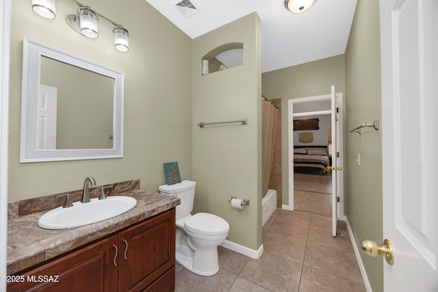 full bathroom with shower / bath combination with curtain, tile patterned floors, toilet, and vanity