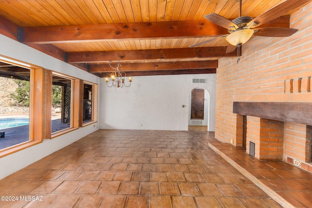 unfurnished living room featuring ceiling fan with notable chandelier, beam ceiling, and wooden ceiling