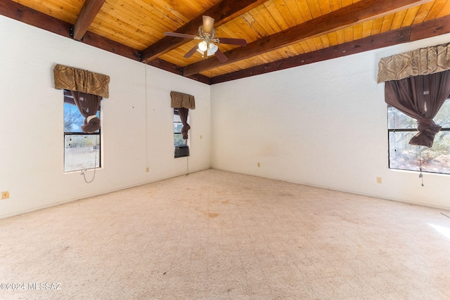 empty room with ceiling fan, beam ceiling, carpet floors, and wooden ceiling