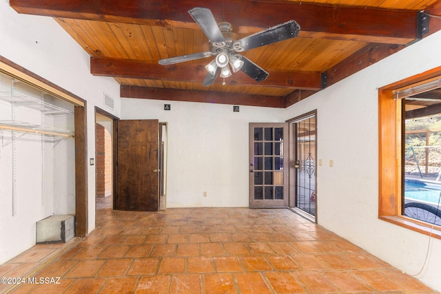 unfurnished bedroom with ceiling fan, beamed ceiling, and wooden ceiling