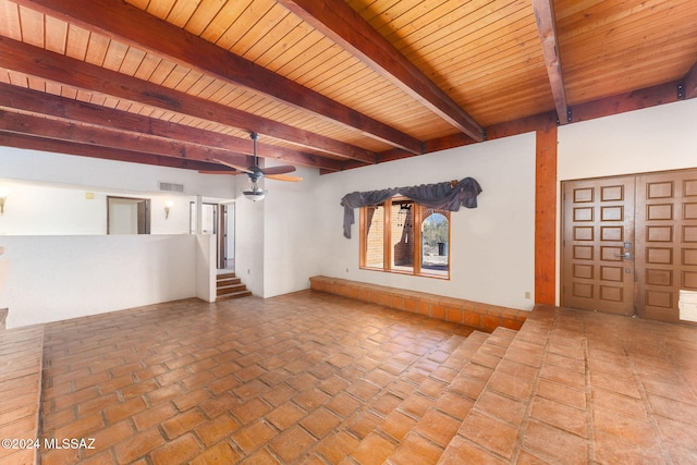 unfurnished living room featuring beam ceiling, ceiling fan, and wood ceiling