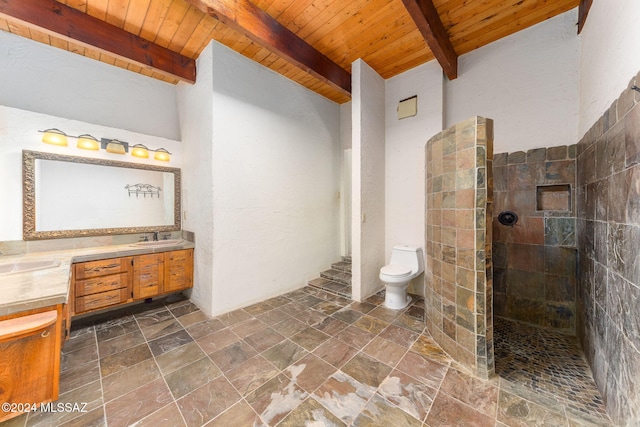 bathroom with beam ceiling, vanity, wood ceiling, and toilet