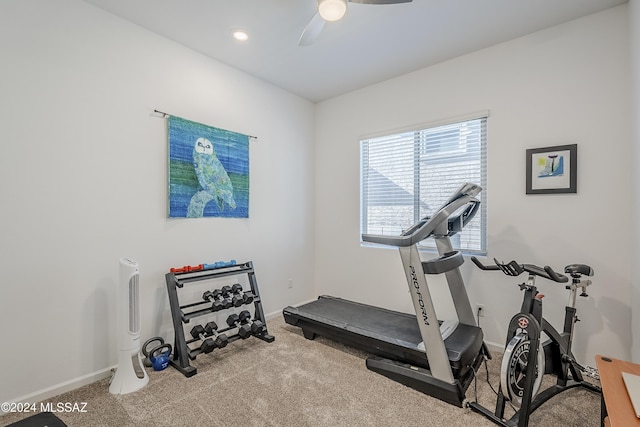 workout area with carpet and ceiling fan