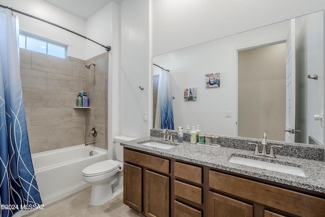 full bathroom featuring vanity, shower / bath combination with curtain, and toilet