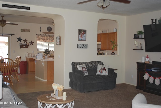 dining area with light tile patterned flooring and ceiling fan