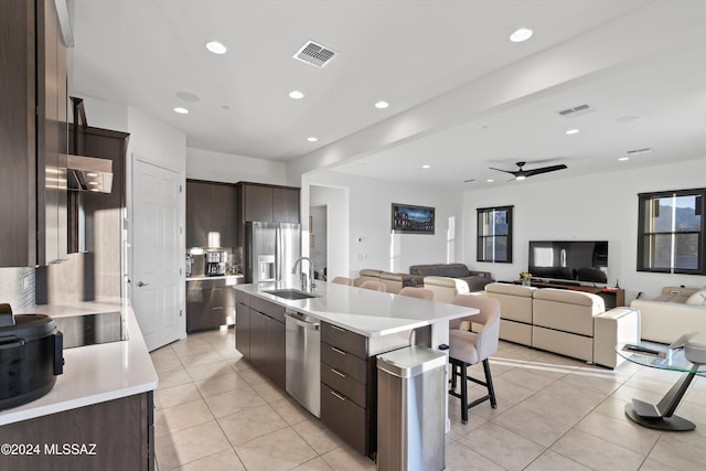 kitchen with ceiling fan, sink, a center island with sink, dark brown cabinets, and appliances with stainless steel finishes