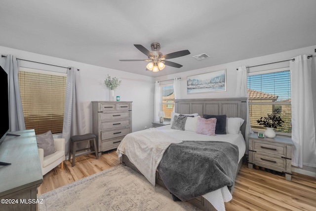 bedroom with ceiling fan and light wood-type flooring