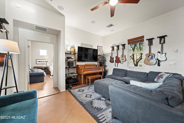 living room featuring ceiling fan